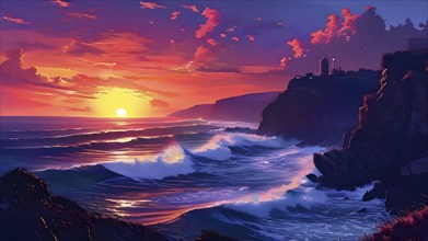 Abstract illustration of a sunset in a coastline landscape with cliffs in vivid and vibrant colors,