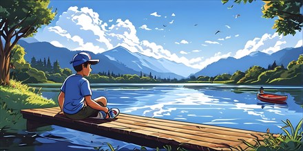 Cartoon vector illustration of a teen boy at a tranquil mountain lake, AI generated