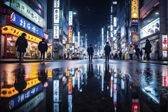 Tokyo streets at night with water puddles reflecting a neon glow and bustling crowd, AI generated