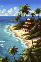 Pixel art illustration of a tropical island paradise with palm trees and sandy beach, AI generated