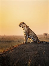 African savanna sunrise with close up of a leopard, AI generated