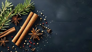 Abstract wallpaper illustration of Christmas spices like cinnamon sticks, star anise, and cloves,