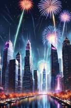 Wallpaper illustration of a cityscape on New Year's Eve, with glowing skyscrapers and floating