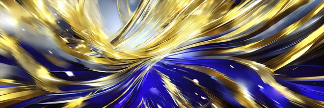 Abstract Illustration of energetic and dynamic swirl of gold, silver, and deep blue hues,