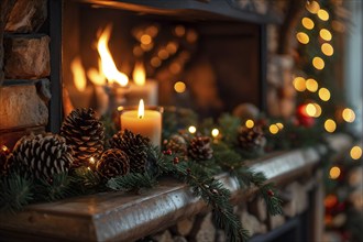 A cozy fireplace mantle decorated with pine cones, garlands, and lit candles, with a close-up focus