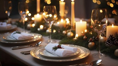 Close up of Christmas dinner table with traditional festive foods and ambient candlelight, AI