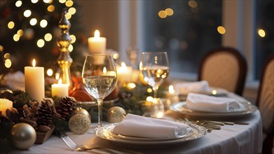 Close up of Christmas dinner table with traditional festive foods and ambient candlelight, AI