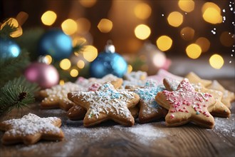 A detailed shot of Christmas cookies on a wooden table, featuring star-shaped cookies with colorful