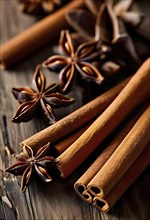 Christmas spices like cinnamon sticks, star anise, and cloves arranged on a wooden table, with soft