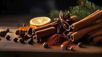 Christmas spices like cinnamon sticks, star anise, and cloves arranged on a wooden table, with soft