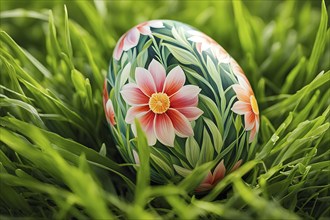 Painted Easter egg nestled in a bed of fresh green grass, showing intricate hand-painted floral