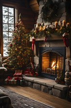 Traditional stone fireplace decorated for Christmas, with garlands, stockings, and candles, set in