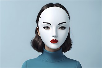 Thoughtful woman besides oversized female mask, AI generated