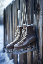 Pair of vintage ice skates hanging by their laces on an old wooden fence with frost and snow gently