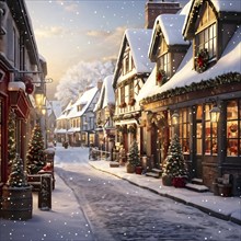 Wintery street scene in a small village with snow-covered rooftops in a warm golden light streaming