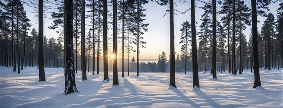 Peaceful snowy forest clearing at dawn with snow softly blanketing the ground and frost-covered