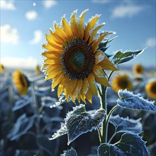 Detailed close-up of frost patterns on sunflowers on a meadow, AI generated