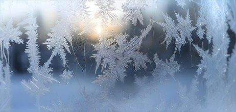 Detailed close-up of frost patterns on a glass window, AI generated