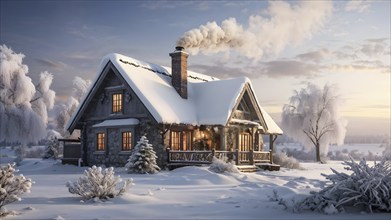 Snow-covered cottage with smoke from the chimney in a cozy and serene winter scene, AI generated