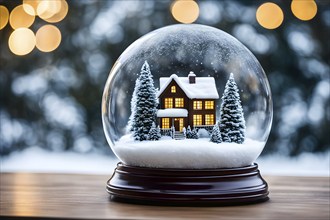 Winter Wonderland in Glass Ball Snow Globe on table and blurred bokeh background, AI generated