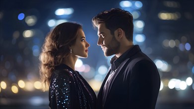 Couple standing against sparkling bokeh lights at night, AI generated