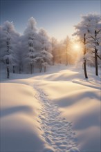 Footprints in fresh snow on a hill with a row of trees in winter in golden sunrise light, AI