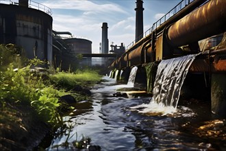 Rusty sewage pipe discharges dirty water into a stream, AI generated