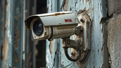 Security camera on a crumbling facade, AI generated