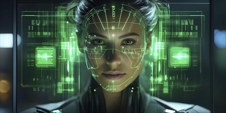 3d digital facial recognition displaying a female face with overlaid ai biometric data, AI