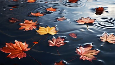 Autumn leaves in hues of orange and red floating on water, AI generated