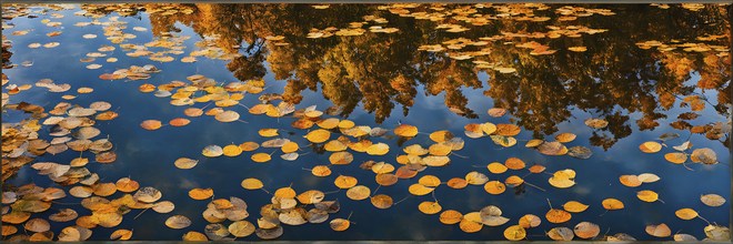 Autumn leaves in hues of orange and red floating on water, AI generated