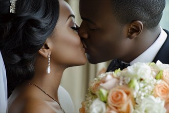 Young black couple in love kissing on wedding day. Generative Ai, AI generated