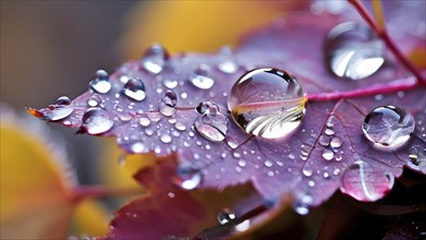 Water droplets on vibrant colored autumn leaves, AI generated