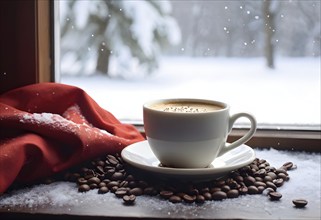 Coffee cup on a plate by a snow covered window creating a cozy winter feeling, AI generated