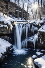 Winter landscape of a frozen waterfall, surrounded by icicles and snow-covered rocks, with the