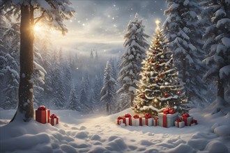 Peaceful and serene Christmas scene with a decorated Christmas tree with gifts presents and a cute