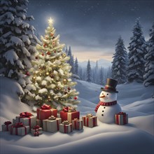 Peaceful and serene Christmas scene with a decorated Christmas tree with gifts presents and a cute