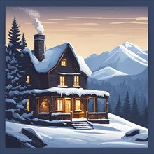 Snow-covered cottage in a serene winter scene in vector style, AI generated