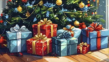 Abstract illustration of wrapped Christmas gifts, shiny ribbons and bows, stacked under a evergreen