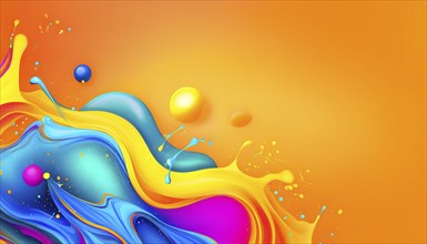 Abstract wallpaper with colorful turquoise and yellow blobs and liquid shapes on a orange