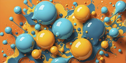 Abstract wallpaper with colorful turquoise and yellow blobs and liquid shapes on a orange