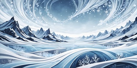 Abstract illustration of dreamy, icy landscape with swirling blues, whites, and silvers, evoking