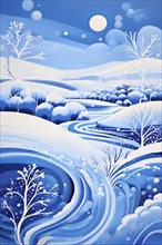 Abstract winter landscape illustration using cool blues and whites with swirling patterns and