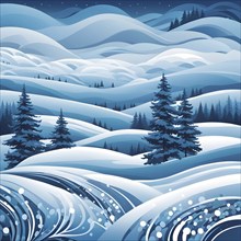 Abstract winter landscape illustration using cool blues and whites with swirling patterns and