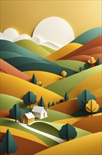 Landscape set in paper art style featuring houses tucked between verdant trees and rolling hills,