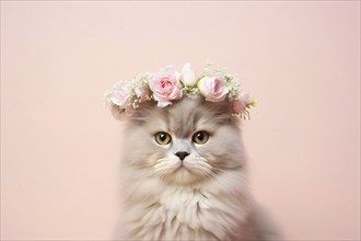 Persian cat with flower crown on pink background. KI generiert, generiert AI generated