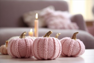 Pink knitted Halloween or autum pumpkin decoration. KI generiert, generiert AI generated