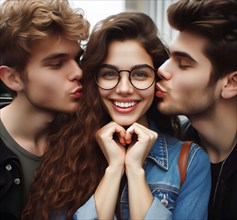 Two young men kissing a cheerful young woman, AI generated, AI generated