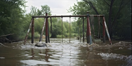 Abandoned playground submerged by the encroaching waters of a river in flood, AI generated