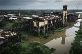 Aerial view on dilapidated factory structures in a water flood, AI generated